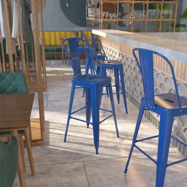 Flash Furniture Kai Commercial Grade 30" High Blue Metal Indoor-Outdoor Barstool with Removable Back. View a larger version of this product image.
