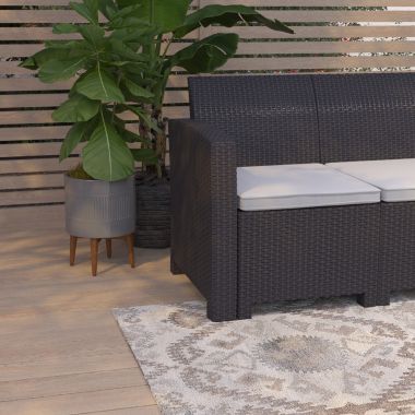 Merrick Lane Malmok Outdoor Furniture Resin Sofa Dark Gray Faux Rattan Wicker Pattern Patio 3-Seat Sofa With All-Weather Beige Cushions. View a larger version of this product image.