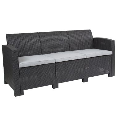 Merrick Lane Malmok Outdoor Furniture Resin Sofa Dark Gray Faux Rattan Wicker Pattern Patio 3-Seat Sofa With All-Weather Beige Cushions. View a larger version of this product image.