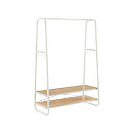 VASAGLE Clothes Rack, Clothing Rack for Hanging Clothes, Garment Rack with 2 Shelves, 6 S-Shaped Hooks, Steel Frame, for Bedroom, Oak and Cream White