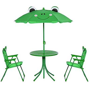 Outsunny Kids Folding Picnic Table and Chair Set Frog Pattern with Removable & Height Adjustable Sun Umbrella, Green. View a larger version of this product image.