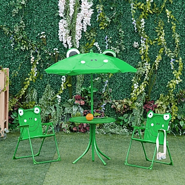 Outsunny Kids Folding Picnic Table and Chair Set Frog Pattern with Removable & Height Adjustable Sun Umbrella, Green. View a larger version of this product image.