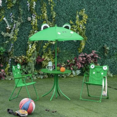 Outsunny Kids Folding Picnic Table and Chair Set Frog Pattern with Removable & Height Adjustable Sun Umbrella, Green. View a larger version of this product image.