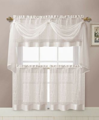 Kate Aurora Living Complete 4 Piece Linen Leaf Embroidered Complete Kitchen Curtain Set - 58 in. W x 36 in. L, White