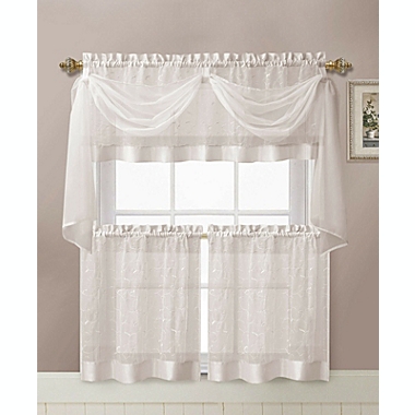 Kate Aurora Living Complete 4 Piece Linen Leaf Embroidered Complete Kitchen Curtain Set - 58 in. W x 36 in. L, White. View a larger version of this product image.
