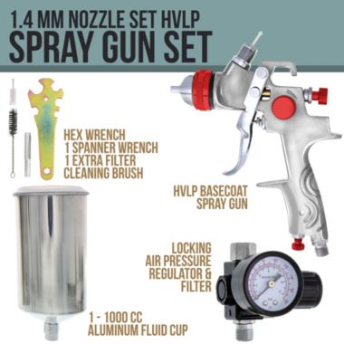 TCP Global Brand Professional Gravity Feed HVLP Spray Gun with a 1.4mm Fluid Tip, 1 Liter Aluminum Cup and Air Regulator. View a larger version of this product image.