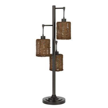 Saltaro Sherpi 37 Inch Metal Table Lamp, 3 Hanging Rattan Shades, Bronze Black- Saltoro Sherpi. View a larger version of this product image.