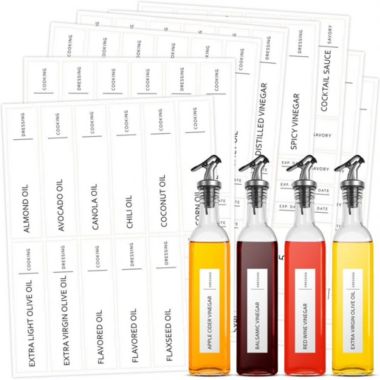 Talented Kitchen Minimalist Labels for Oils, Vinegars & Condiments - 132 Oil and Vinegar Label Sticker, Water Resistant Condiment Labels. Preprinted Decals Oil Bottles Pantry Organization Storage. View a larger version of this product image.