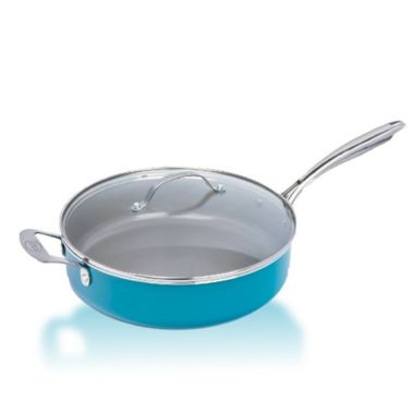 Gotham Steel Jumbo Cooker with Lid Skillet with Stainless Steel Stay Cool & Helper Handle, Aqua Blue. View a larger version of this product image.