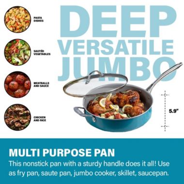 Gotham Steel Jumbo Cooker with Lid Skillet with Stainless Steel Stay Cool & Helper Handle, Aqua Blue. View a larger version of this product image.