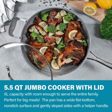 Gotham Steel Jumbo Cooker with Lid Skillet with Stainless Steel Stay Cool & Helper Handle, Aqua Blue. View a larger version of this product image.