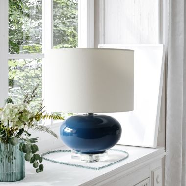 Lalia Home 15.25" Modern Ovaloid Glass Bedside Table Lamp with White Fabric Shade, Blue. View a larger version of this product image.