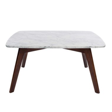The Bianco Collection Vezzana 31" Square Italian Carrara White Marble Coffee Table with Walnut Legs. View a larger version of this product image.