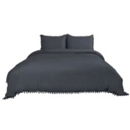 PiccoCasa Solid Duvet Cover Set with Pompon Tassels, Soft Washed Polyester Bedding 3 Piece Set, Solid Color Comforter Cover Set with 2 Pillow Shams, Zipper Closure&Corner Ties Queen Navy Blue