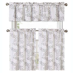 Kate Aurora Shabby Living Brielle Complete 3 Piece Embroidered Floral Cafe Kitchen Curtain Tier & Valance Set - 56 in. W x 36 in. L, Gray
