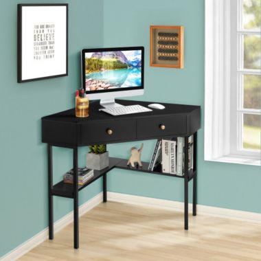 Slickblue Space Saving Corner Computer Desk with 2 Large Drawers and Storage Shelf. View a larger version of this product image.
