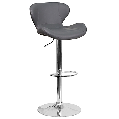 Merrick Lane Quincy Adjustable Height Barstool Contemporary Gray Vinyl Bar Height Stool with Curved Back and Chrome Base with Footrest. View a larger version of this product image.