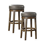 Lazzara Home Paran 30.5 in. Brown Backless Wood Frame Round Swivel Bar Stool with Gray Faux Leather Seat (Set of 2)