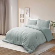 Unikome 3-Piece Geometric Textured Clipped Jacquard Down Alternative Comforter Set in Green, King