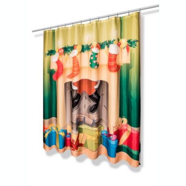 Carnation Home Fashions Festive Fireplace Christmas Fabric Shower Curtain - 70" x 72", Multi. View a larger version of this product image.