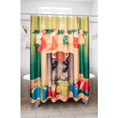 Carnation Home Fashions Festive Fireplace Christmas Fabric Shower Curtain - 70" x 72", Multi. View a larger version of this product image.