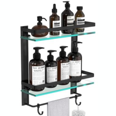 Vdomus Glass Bathroom Shelf, 2-Tier Glass Shelf With Ingegrated Towel Bar Wall Mounted. View a larger version of this product image.