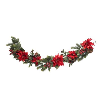 Nearly Natural 5' x 12" Artificial Poinsettia and Berries Christmas Garland, Unlit