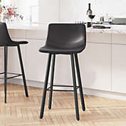 Merrick Lane Oretha Set of 2 Modern Black Faux Leather Upholstered Bar Stools with Contoured, Low Back Bucket Seats and Iron Frames