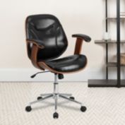 Emma + Oliver Mid-Back Black LeatherSoft Executive Ergonomic Wood Swivel Office Chair - Arms