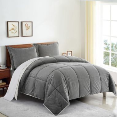 Unikome Classic 3-Piece Heavyweight Sherpa Ultra-Soft Reversible Down Alternative Comforter Set, Dark Gray, King. View a larger version of this product image.