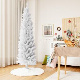 Gymax 5/6/7 FT Artificial Pencil White Christmas Tree Leafy Unlit Slim Xmas Tree