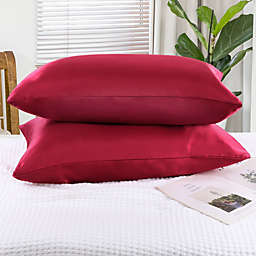 PiccoCasa 2-Pack Envelope Cool Satin Pillowcases, 100% Polyester(Satin Fabric) Soft Luxurious Silky Pillow Cover Pillow Protector with Envelope Closure for Hair and Skin, Burgundy Queen