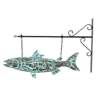 Contrast Metal Verdigris Copper Salmon Wall Bracket Hanging Sculpture Outdoor Home Decor. View a larger version of this product image.