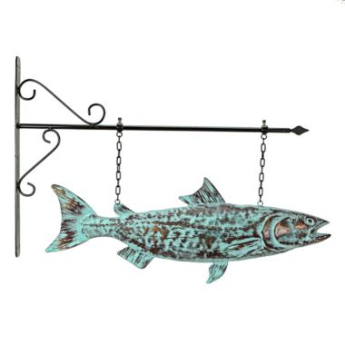 Contrast Metal Verdigris Copper Salmon Wall Bracket Hanging Sculpture Outdoor Home Decor. View a larger version of this product image.