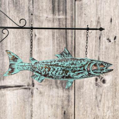 Contrast Metal Verdigris Copper Salmon Wall Bracket Hanging Sculpture Outdoor Home Decor. View a larger version of this product image.