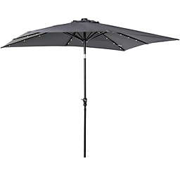 Outsunny 9' x 7' Patio Umbrella Outdoor Table Market Umbrella with Crank, Solar LED Lights, 45° Tilt, Push-Button Operation, for Deck, Backyard, Pool and Lawn, Dark Grey