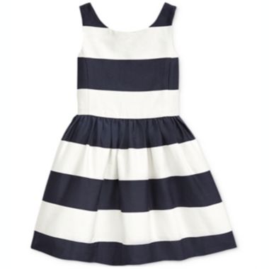 Ralph Lauren Toddler Girl's Striped Cotton Sateen Dress Blue Size 3T. View a larger version of this product image.