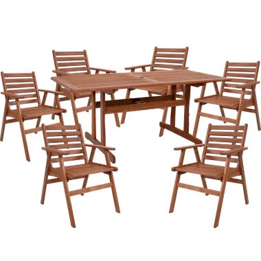 Sunnydaze Outdoor Meranti Wood with Teak Oil Finish Patio Family Dining Table and Chairs Set - Brown - 7pc. View a larger version of this product image.