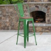 Flash Furniture Lily 30" High Green Metal Barstool with Back and Wood Seat