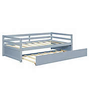 Slickblue Twin Size Trundle Platform Bed Frame with  Wooden Slat Support-Gray
