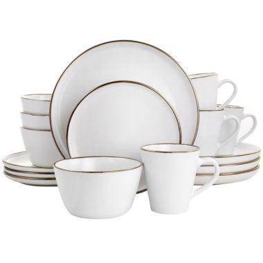 Elama Arthur 16 Piece Stoneware Dinnerware Set in Matte White with Gold Rim. View a larger version of this product image.