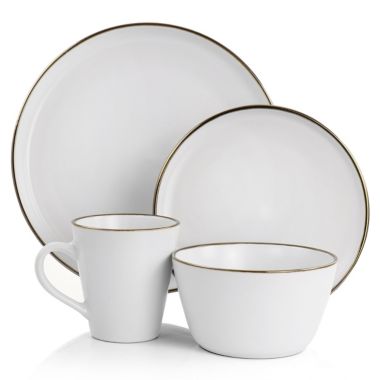 Elama Arthur 16 Piece Stoneware Dinnerware Set in Matte White with Gold Rim. View a larger version of this product image.