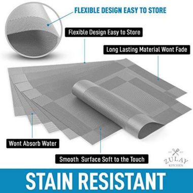 Zulay Kitchen Vinyl Woven Placemats for Dining Table Set of 6 - Silver. View a larger version of this product image.