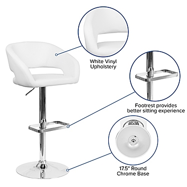 Merrick Lane Rothko Contemporary White Vinyl Adjustable Height Barstool with Rounded Mid-Back and Chrome Base. View a larger version of this product image.