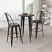 Merrick Lane Pasadena 3 Piece Outdoor Dining Set with Bar Height Table and Stools in Black-Antique Gold