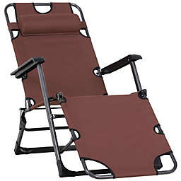 Outsunny 2-in-1 Folding Patio Lounge Chair w/ Pillow, Outdoor Portable Sun Lounger Reclining to 120°/180°, Oxford Fabric, Brown