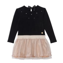 Deux par Deux Long Sleeve Dress With Mesh Skirt Black And Beige - 12 Months