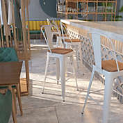 Flash Furniture Lily 30" High White Metal Barstool with Back and Wood Seat