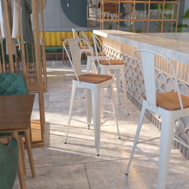 Flash Furniture Lily 30" High White Metal Barstool with Back and Wood Seat. View a larger version of this product image.