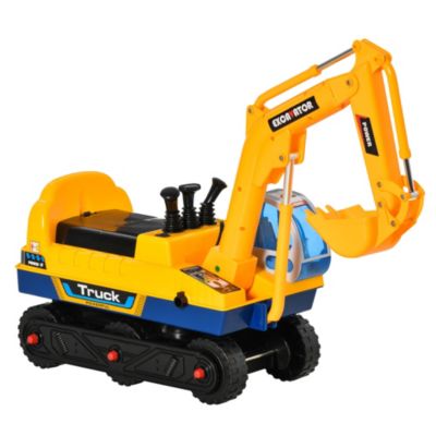 Qaba Kids Ride On Construction Excavator, Digger Scooper Tractor Toy 80° Rotation w/ Electric Controllable Digging Bucket, Safety Helmet Prentend Play for Toddler Yellow